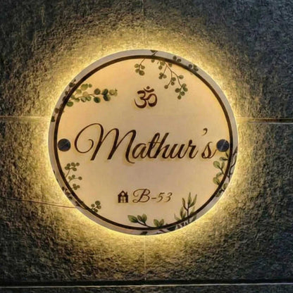 Personalized Handmade Leaf Printed Circular Acrylic Name Plate With Lights