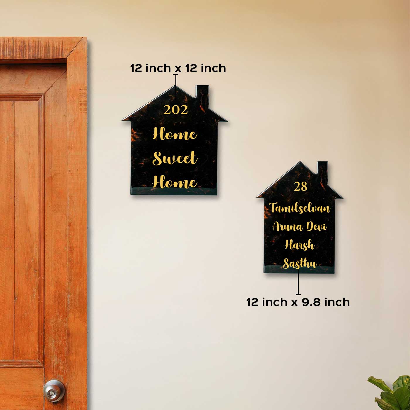 Black & Gold Minimal Personalized Marble Effect House Shape Resin Name Plate | With 3D Acrylic Letters