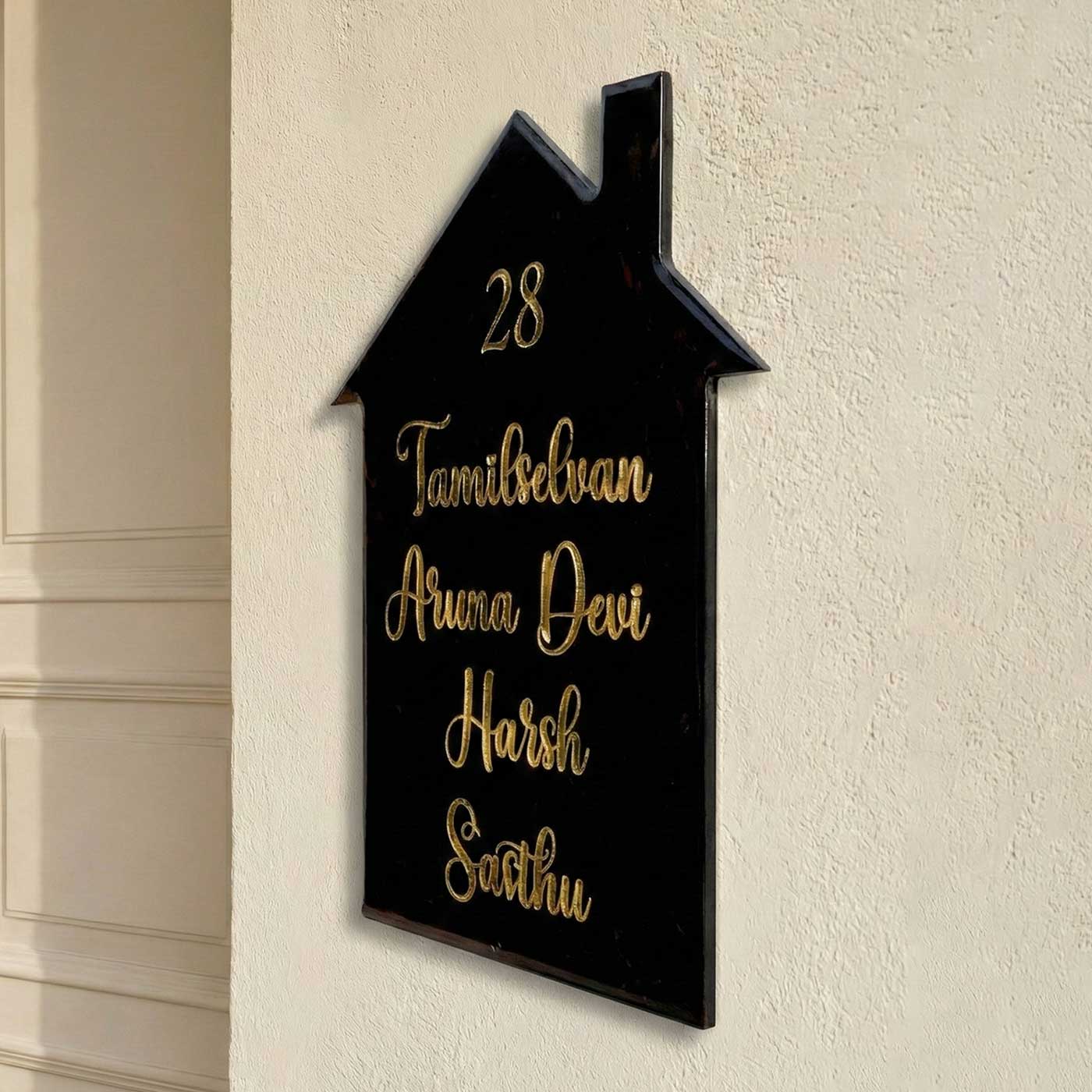 Black & Gold Minimal Personalized Marble Effect House Shape Resin Name Plate | With 3D Acrylic Letters