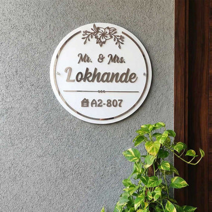 White Floral Acrylic Circular Personalized Name Plate