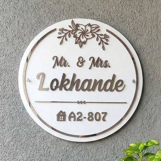 White Floral Acrylic Circular Personalized Name Plate