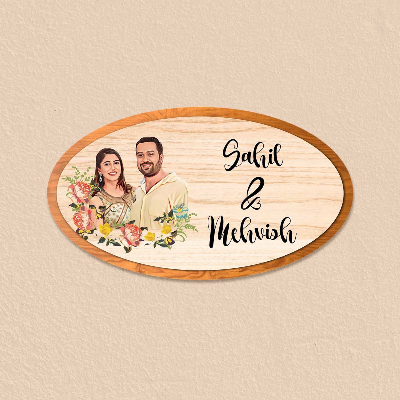 Photo Personalized Oval Floral Theme MDF Wood Name Plate