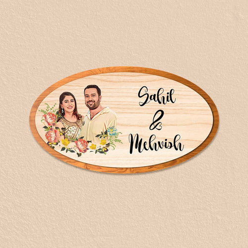 Photo Personalized Oval Floral Theme MDF Wood Name Plate