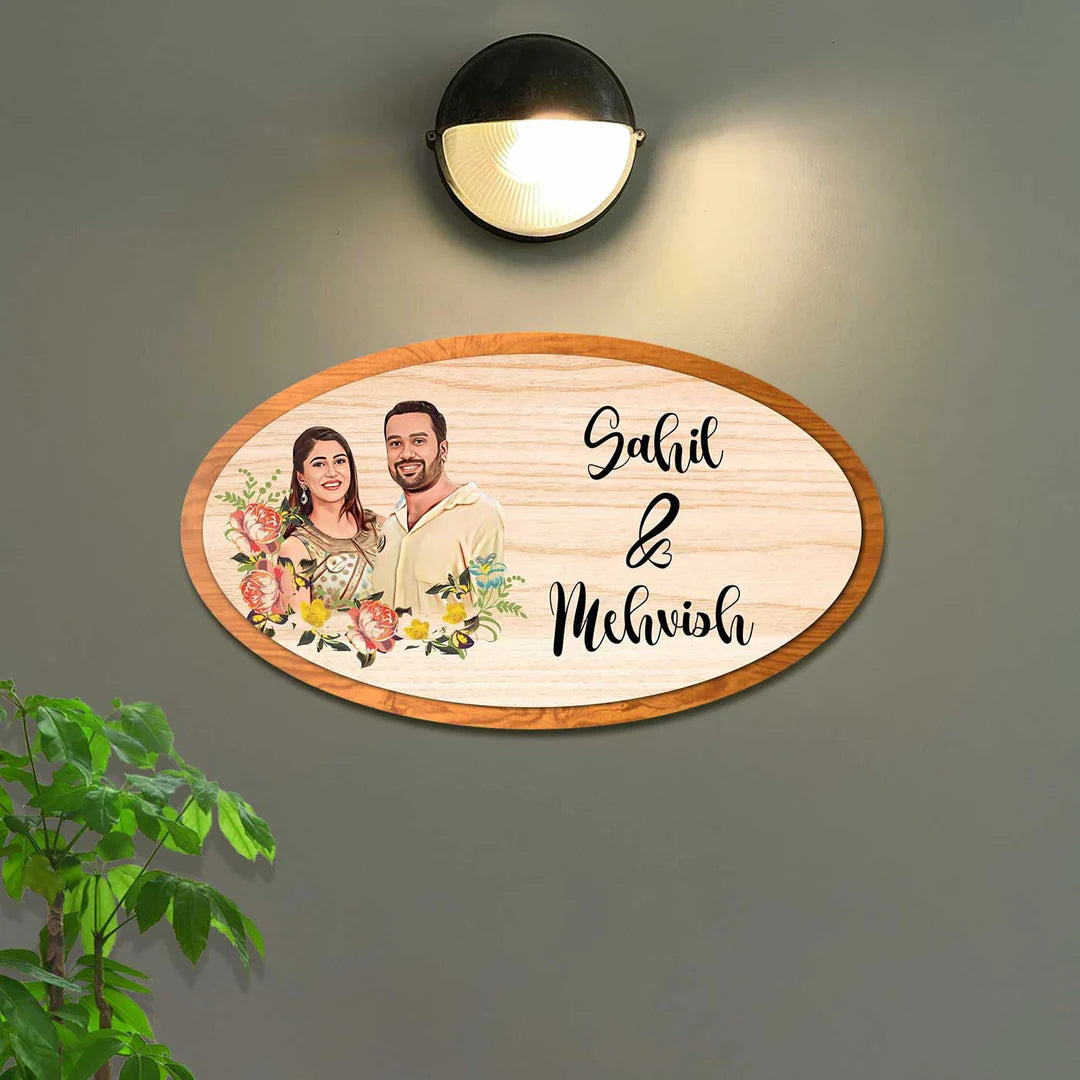 Photo Personalized Oval Floral Theme MDF Wood Name Plate