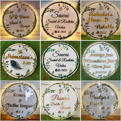 Personalized Handmade Leaf Printed Circular Acrylic Name Plate With Lights