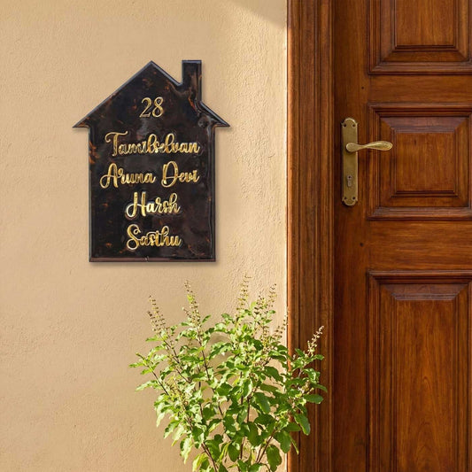 Black & Gold Minimal Personalized Marble Effect House Shape Resin Name Plate | With 3D Acrylic Letters